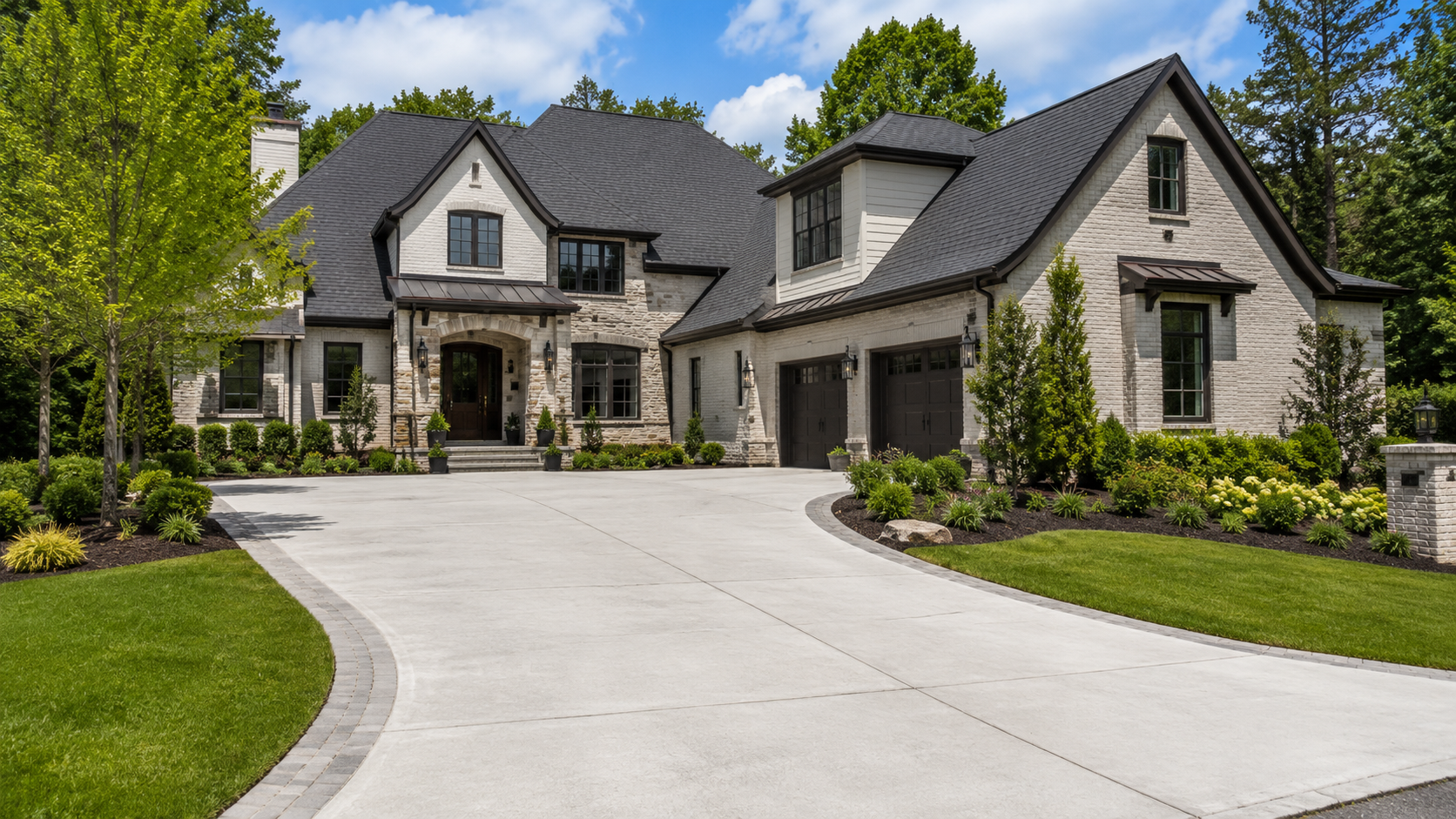 Large white suburban house with green lawn and a curved driveway under a blue sky