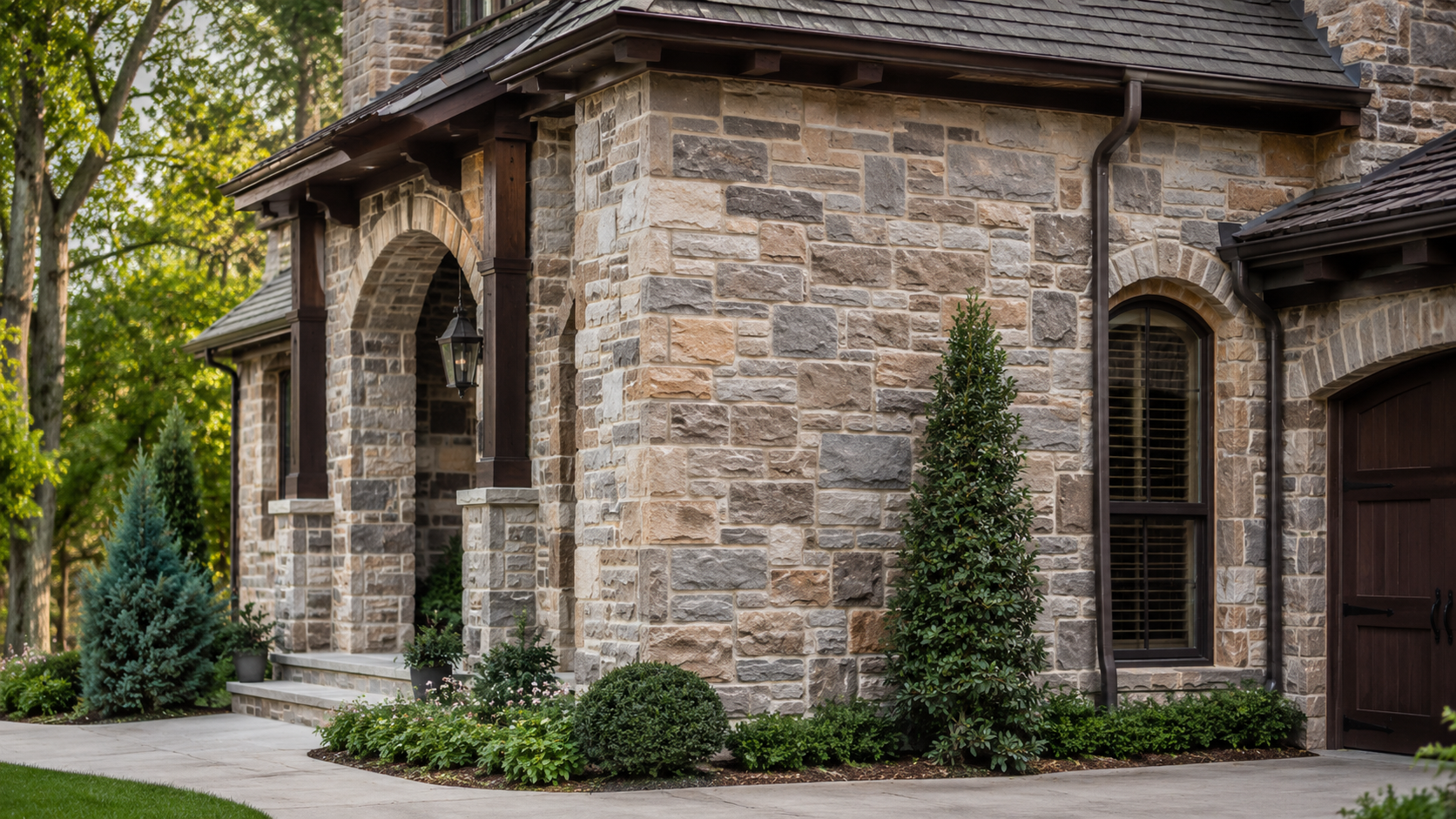 Stone house exterior with arched entry, dark roof, and landscaped shrubs