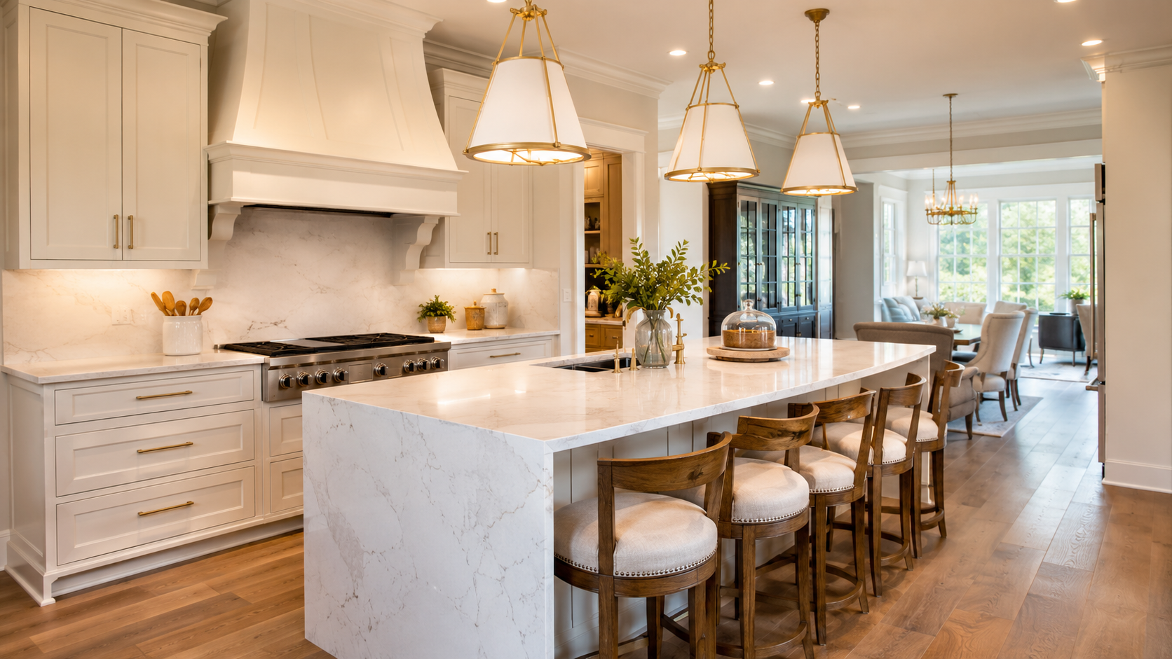 Bright modern kitchen with white cabinetry, marble island, pendant lights, and stools by a dining area.