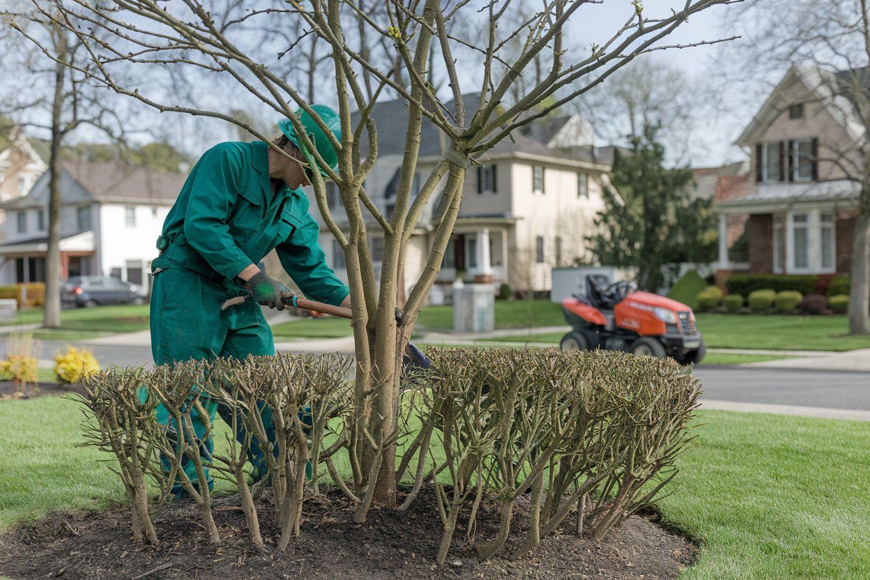 A man is cutting a bush with a lawn mower in the background.