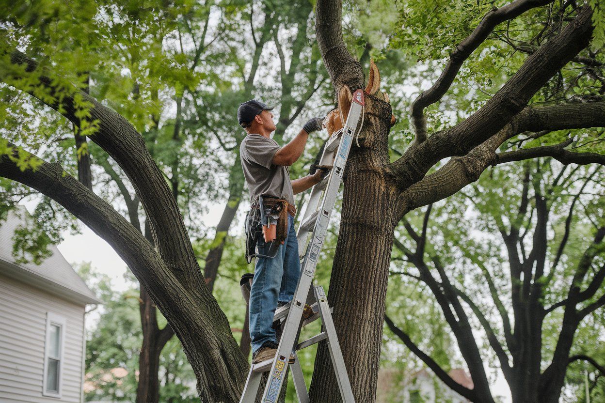 A man is standing on a ladder in a tree.