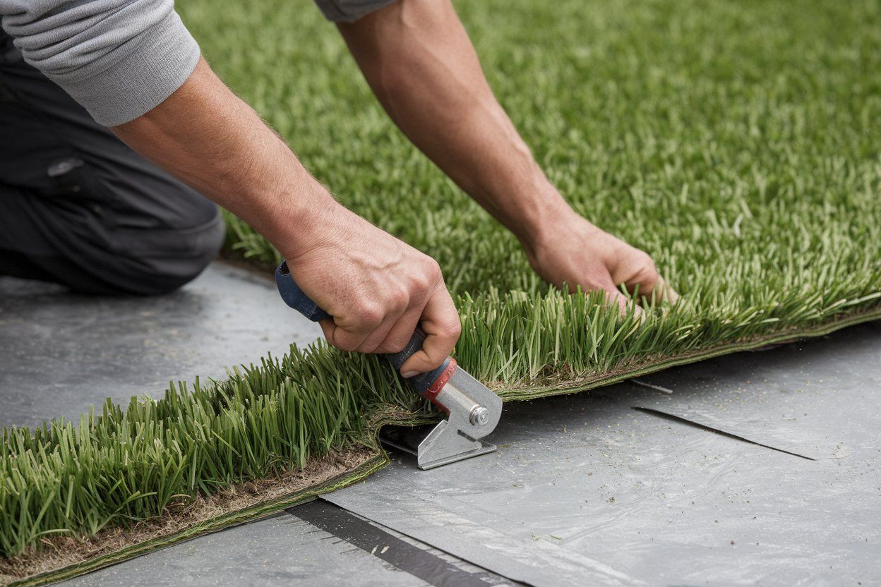 A man is cutting a piece of artificial grass with a pair of scissors.