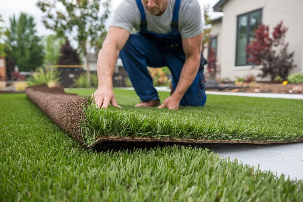 A man is laying a roll of artificial grass in a yard.