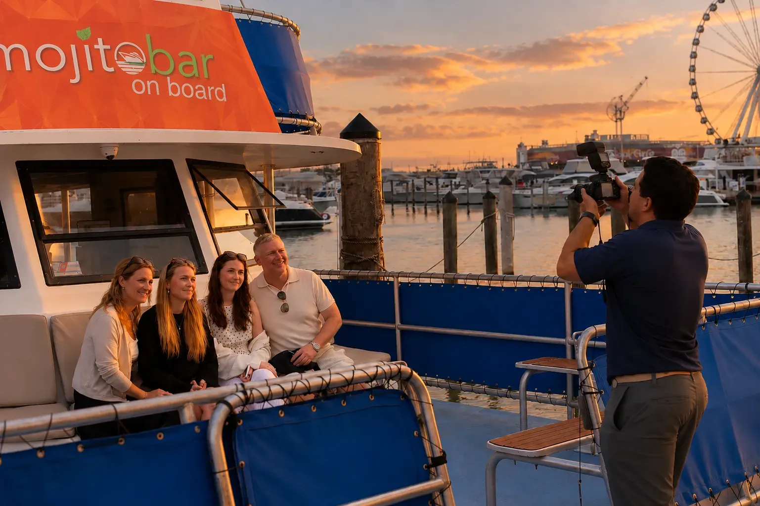 Guests preparing to board a sunset boat tour at Bayside Marketplace.