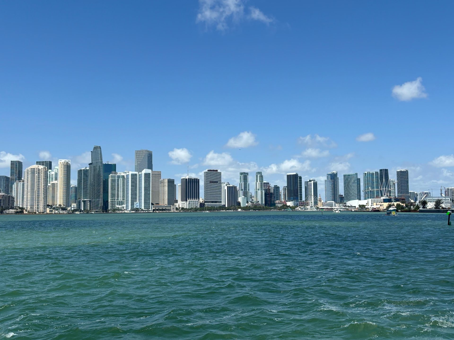 Miami skyline view from the Bayside Miami boat tour using a sightseeing cruise discount code
