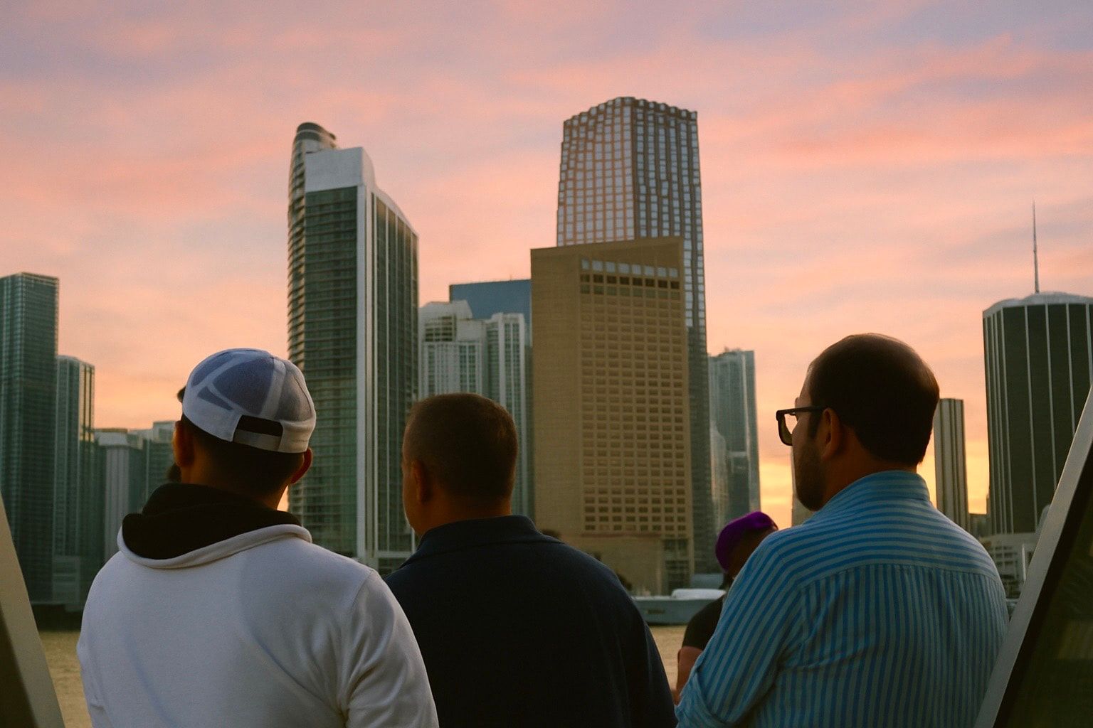 passengers looking at the Miami Skyline during the Miami Sunset