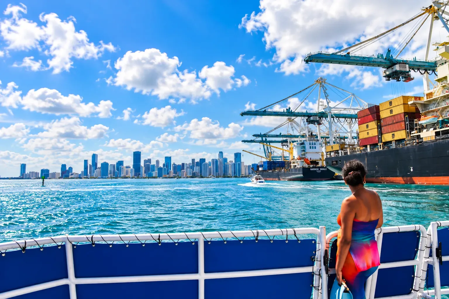 Miami Bayside boat cruise passing PortMiami with Miami skyline views across Biscayne Bay.