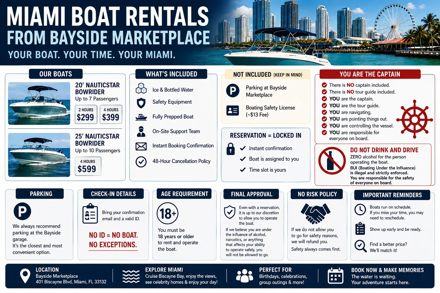 Miami boat rentals from Bayside Marketplace infographic showing pricing, boat options, safety rules, and how to book a private boat rental in Miami