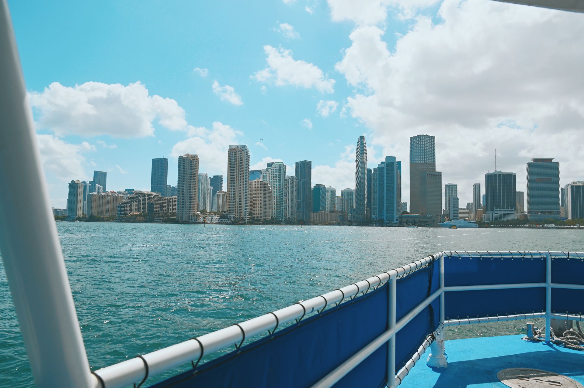 View of Downtown Miami skyline from the deck of a sightseeing boat on Biscayne Bay during the Miami Combo Tour