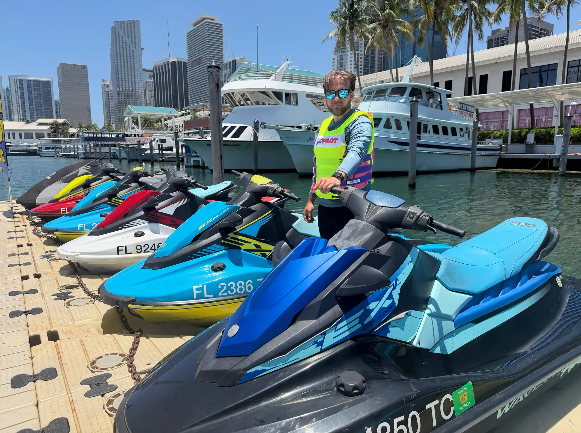 Miami jet ski tour guide and fleet at Bayside Marketplace before a guided tour across Biscayne Bay