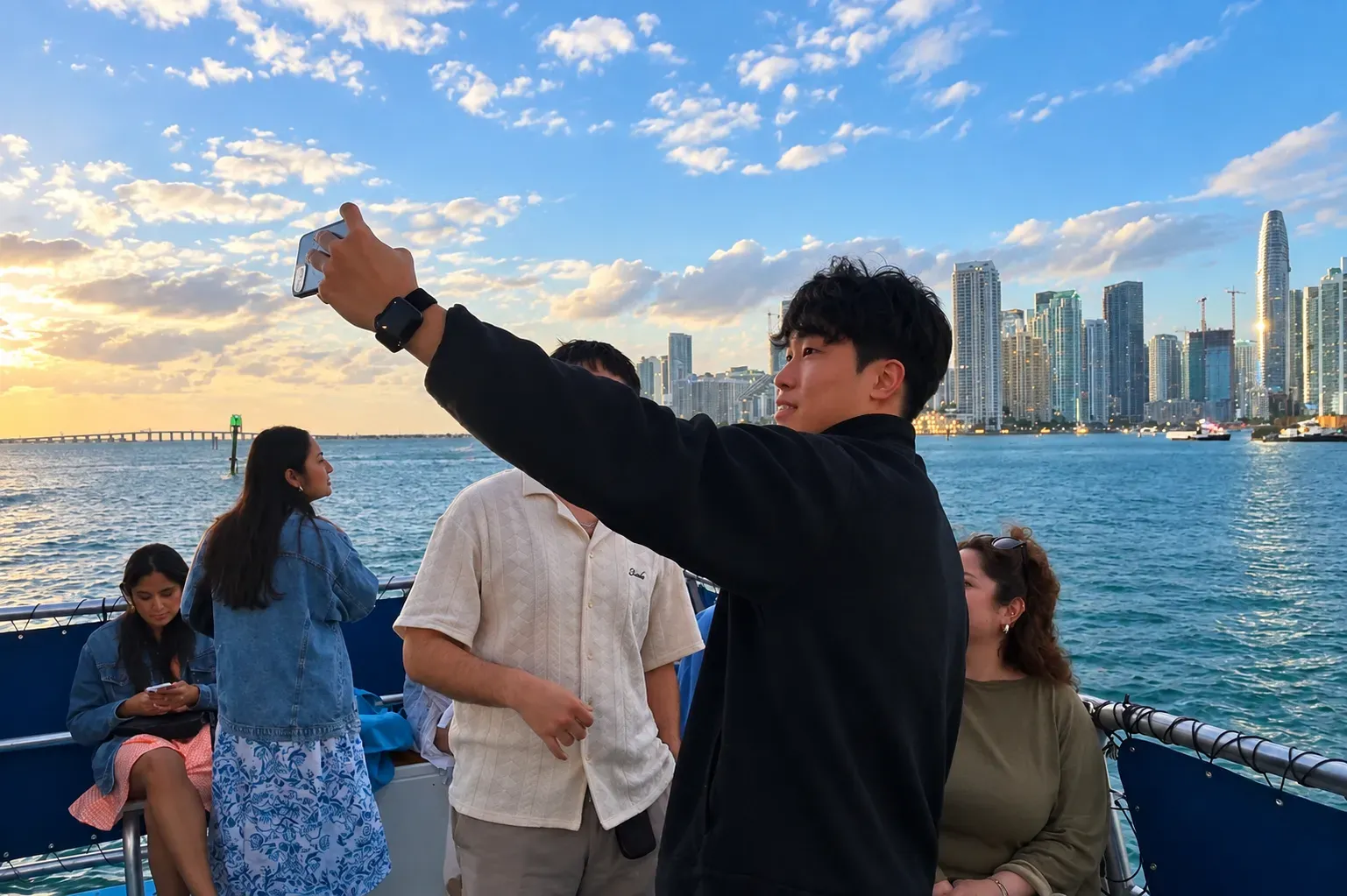 Guests taking photos on a Miami skyline boat cruise during a Biscayne Bay sightseeing tour