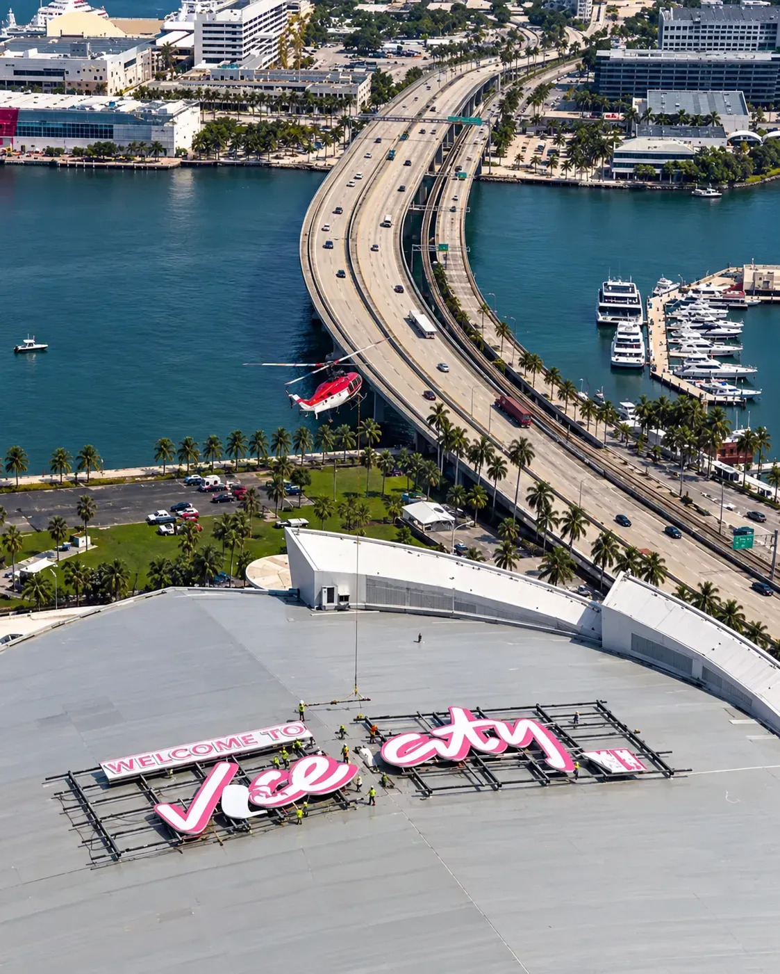 Vice City sign installation at Kaseya Center seen near the Miami Skyline Cruise route