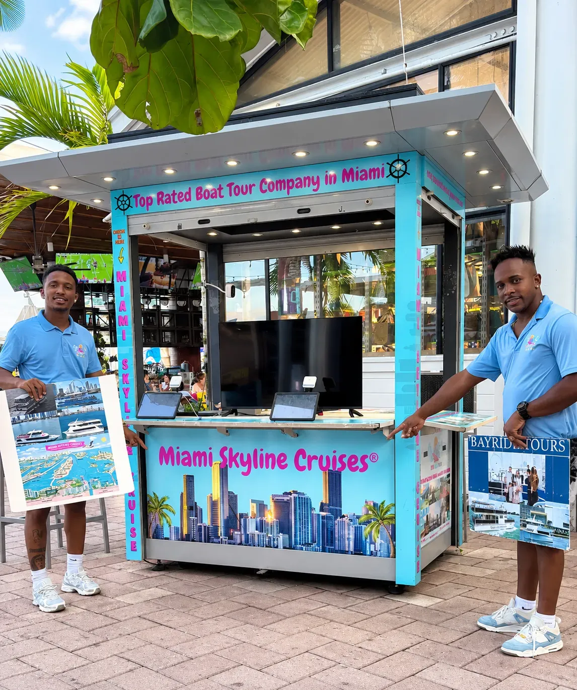 Miami Skyline Cruises kiosk and tour staff at Bayside Marketplace in Downtown Miami