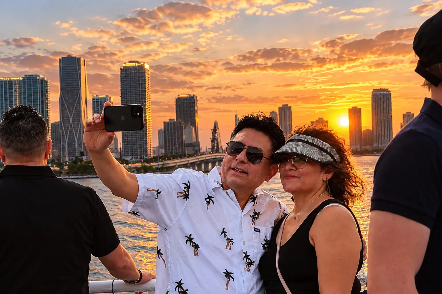 Couple taking a photo during a Miami sunset boat tour at golden hour.