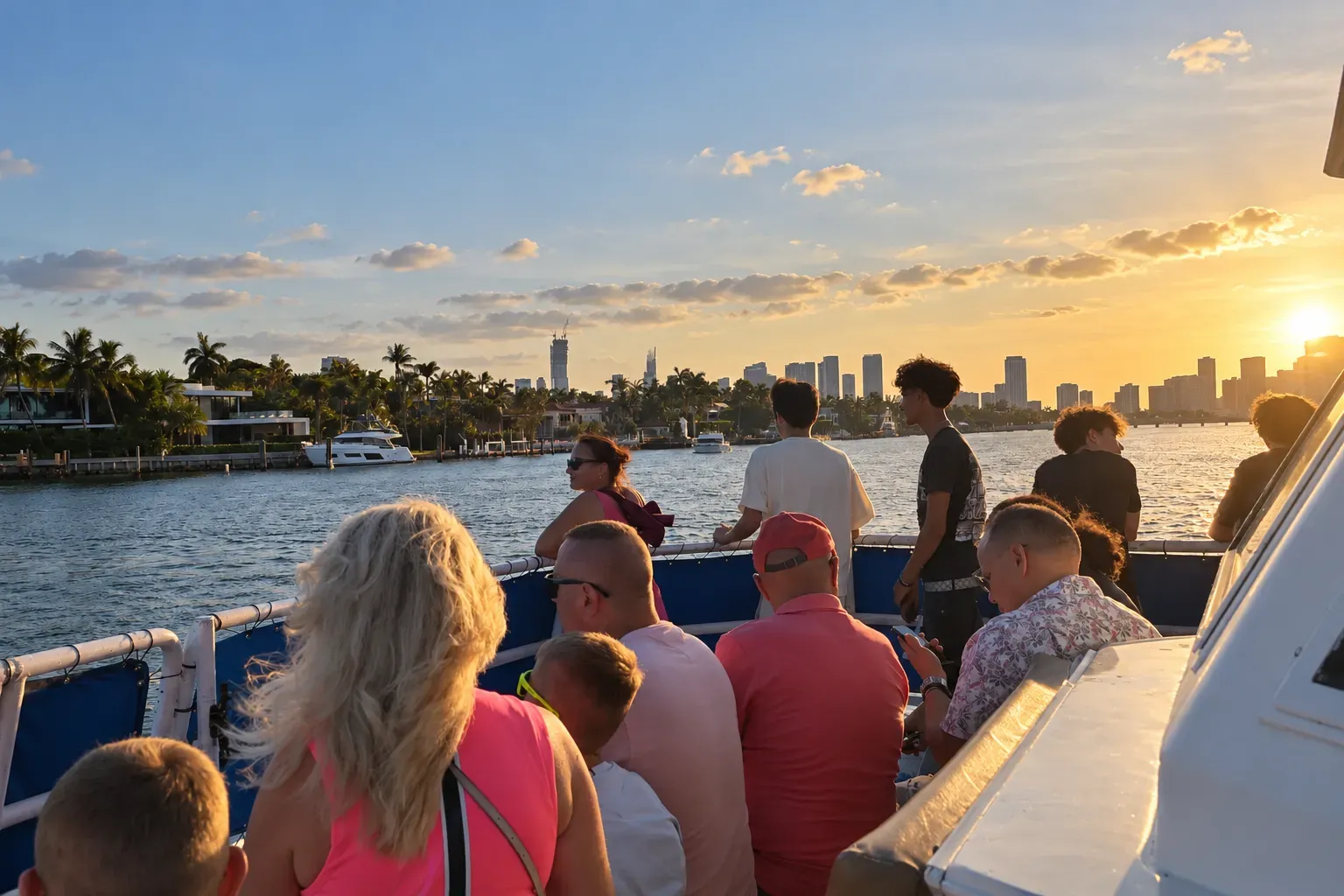 Passengers enjoying Miami Sunset Cruises while sightseeing on Biscayne Bay.