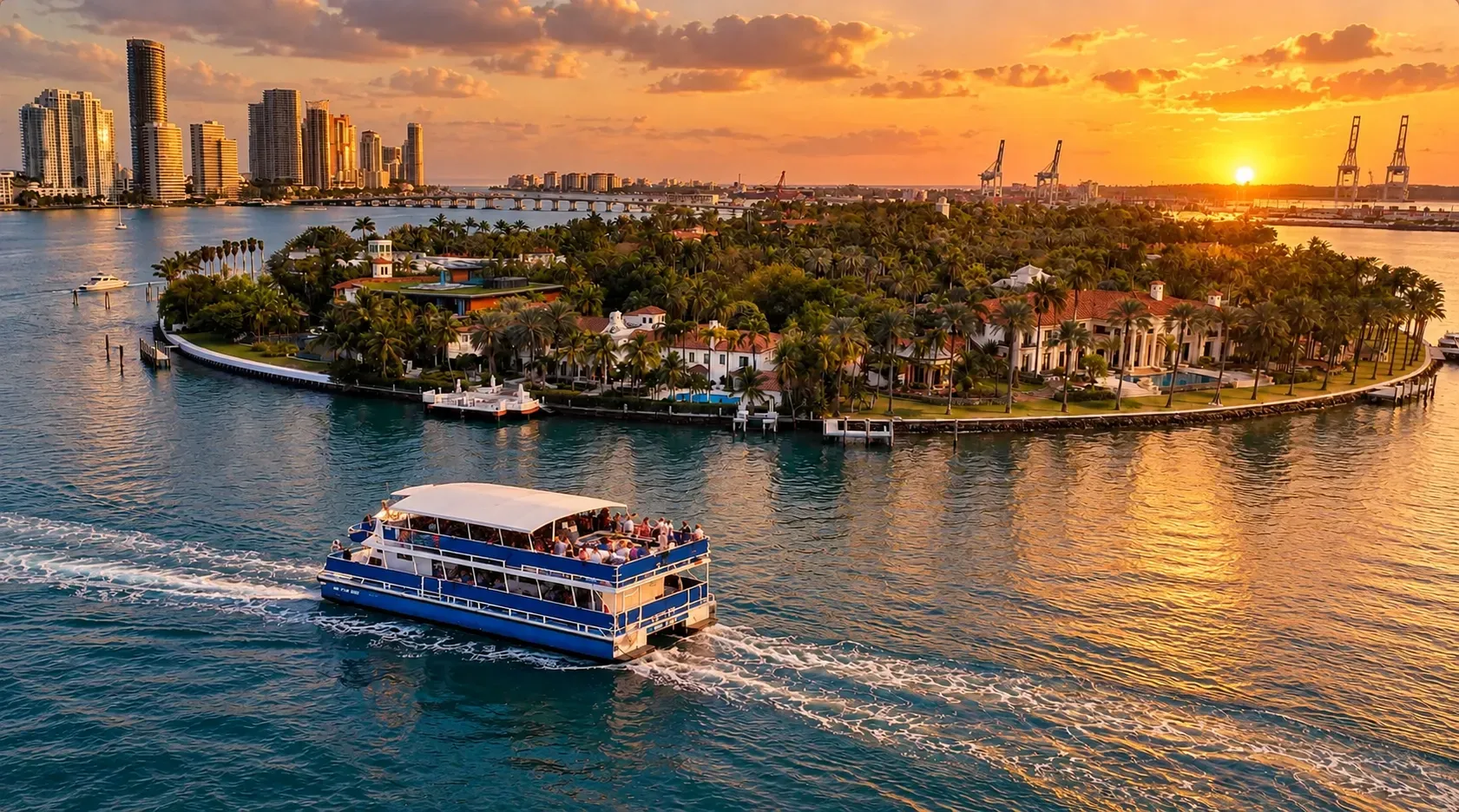 Miami sunset cruise passing Star Island waterfront homes on Biscayne Bay.