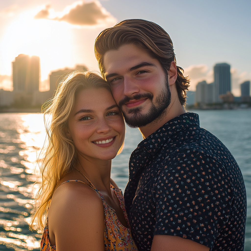 Romantic couple selfie during the Miami Sunset Boat Tour near celebrity mansions.