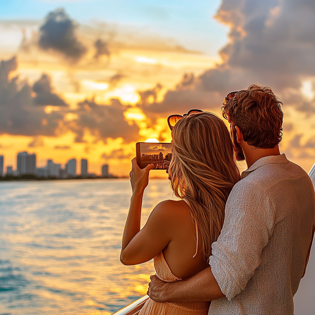 Couple posing with the backdrop of celebrity mansions at dusk.