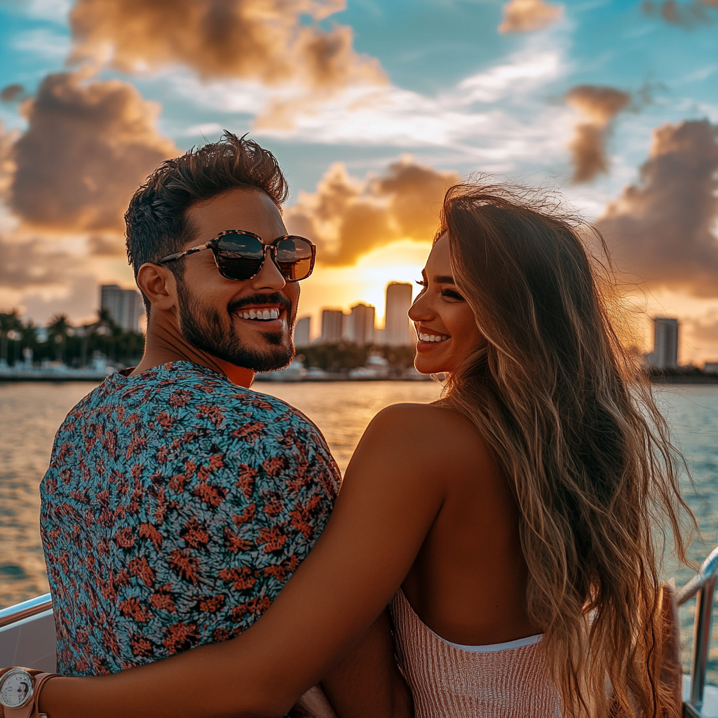 Smiling couple with the sun setting over the waters of Biscayne Bay.