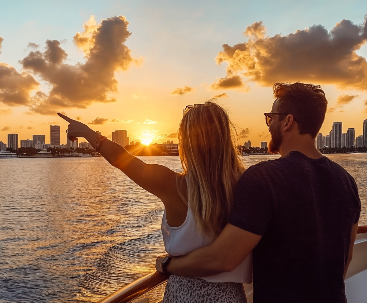 Couple enjoying the cruise in Miami with the Miami Beach skyline.
