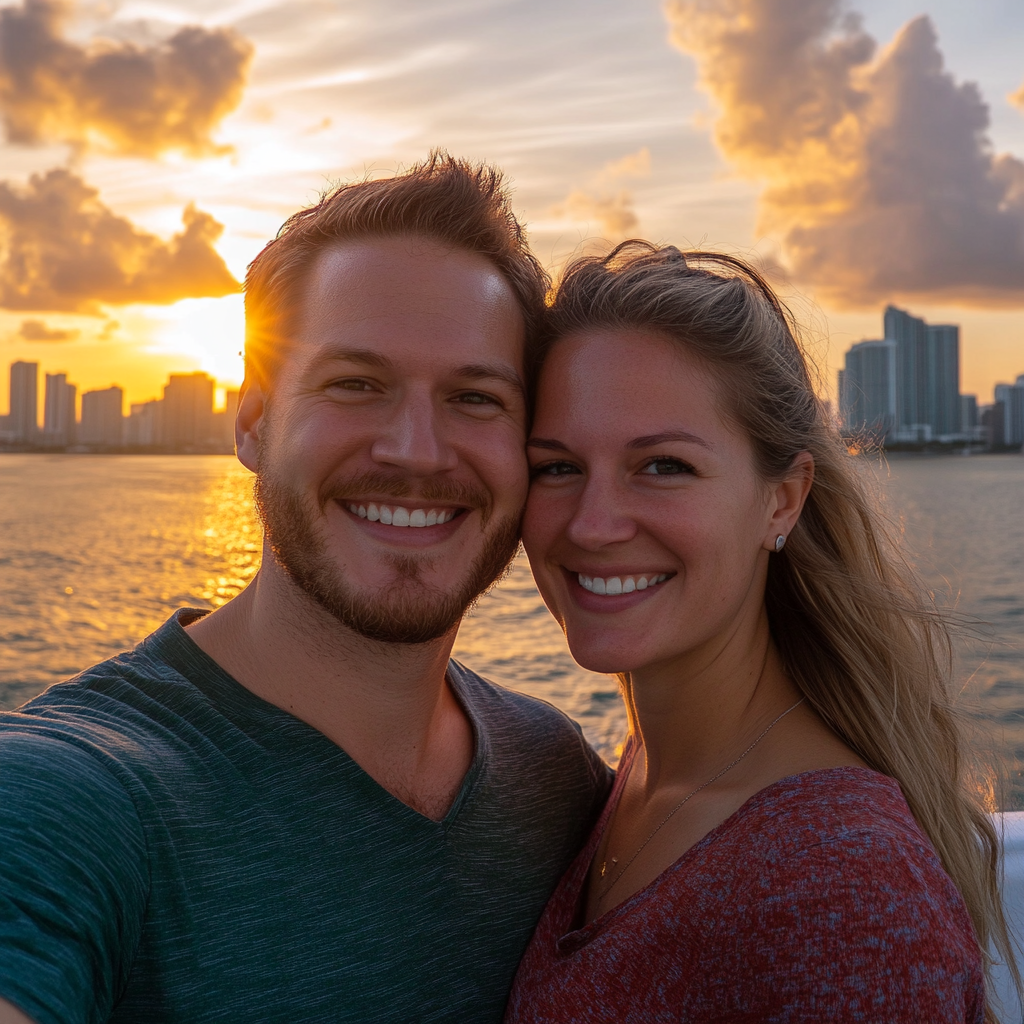 Couple enjoying the party cruise during sunset.