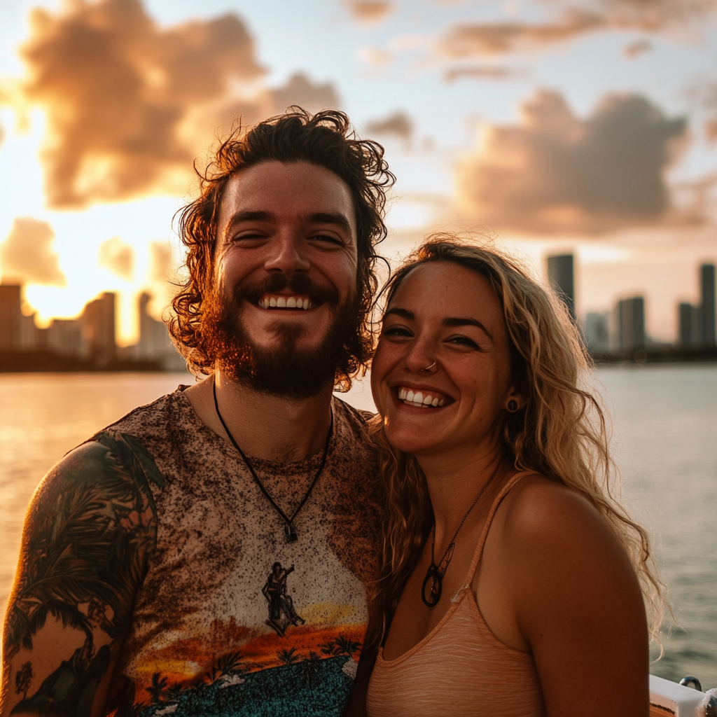 Romantic selfie with the Miami Beach skyline at sunset.