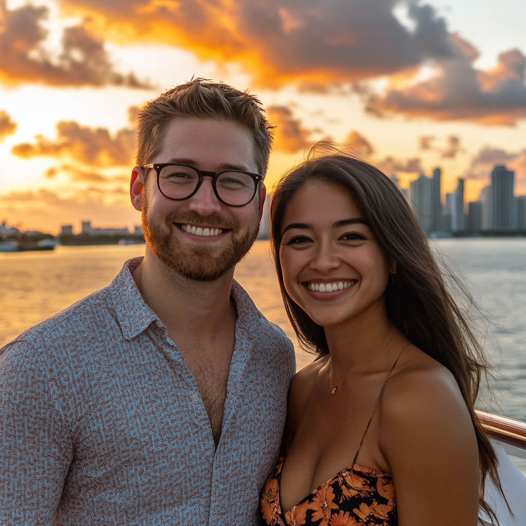 Miami Sunset Cruise selfie with Millionaire's Row in the distance.