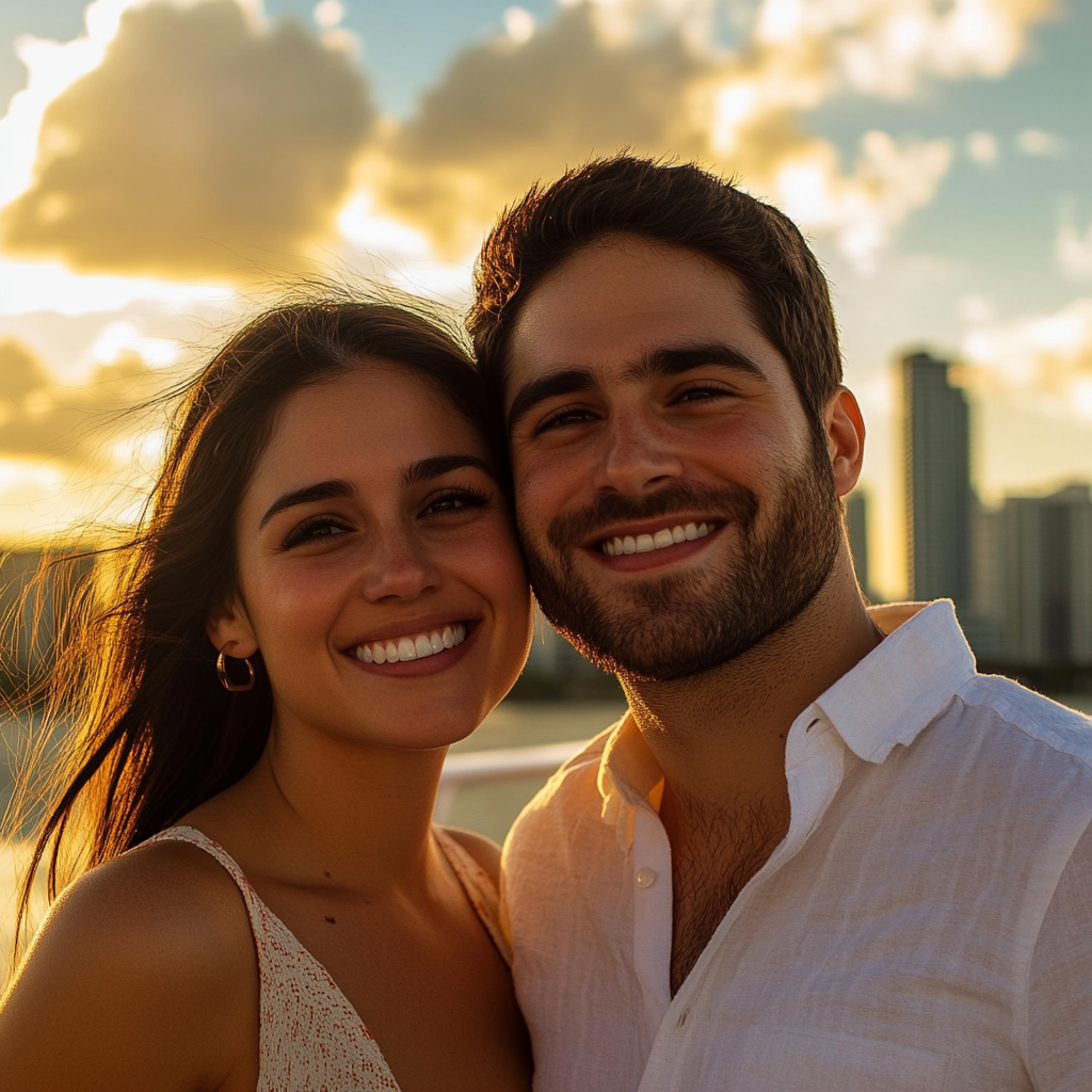 Smiling couple enjoying the Mojito Bar on Miami’s best sunset sail.