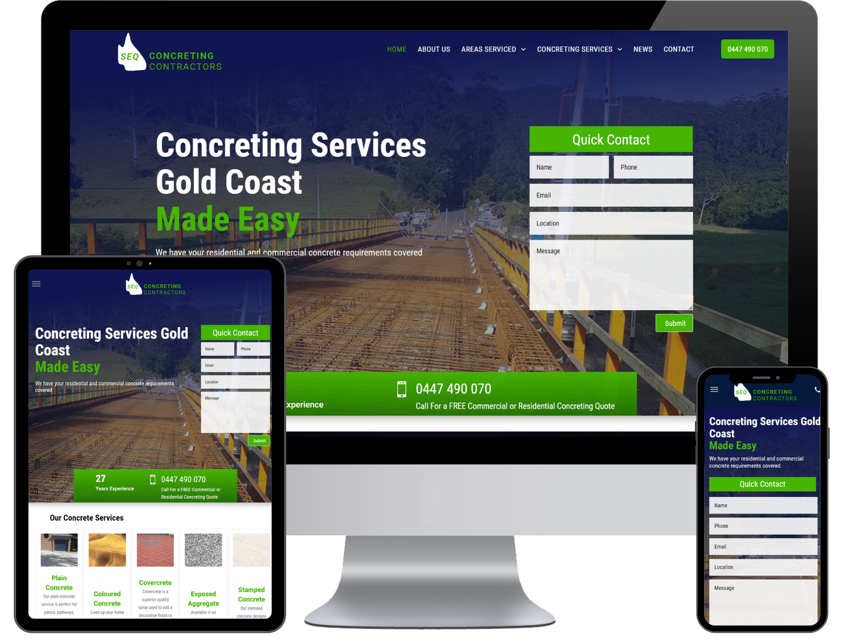 A computer , tablet , and cell phone displaying a website for concrete services gold coast made easy.