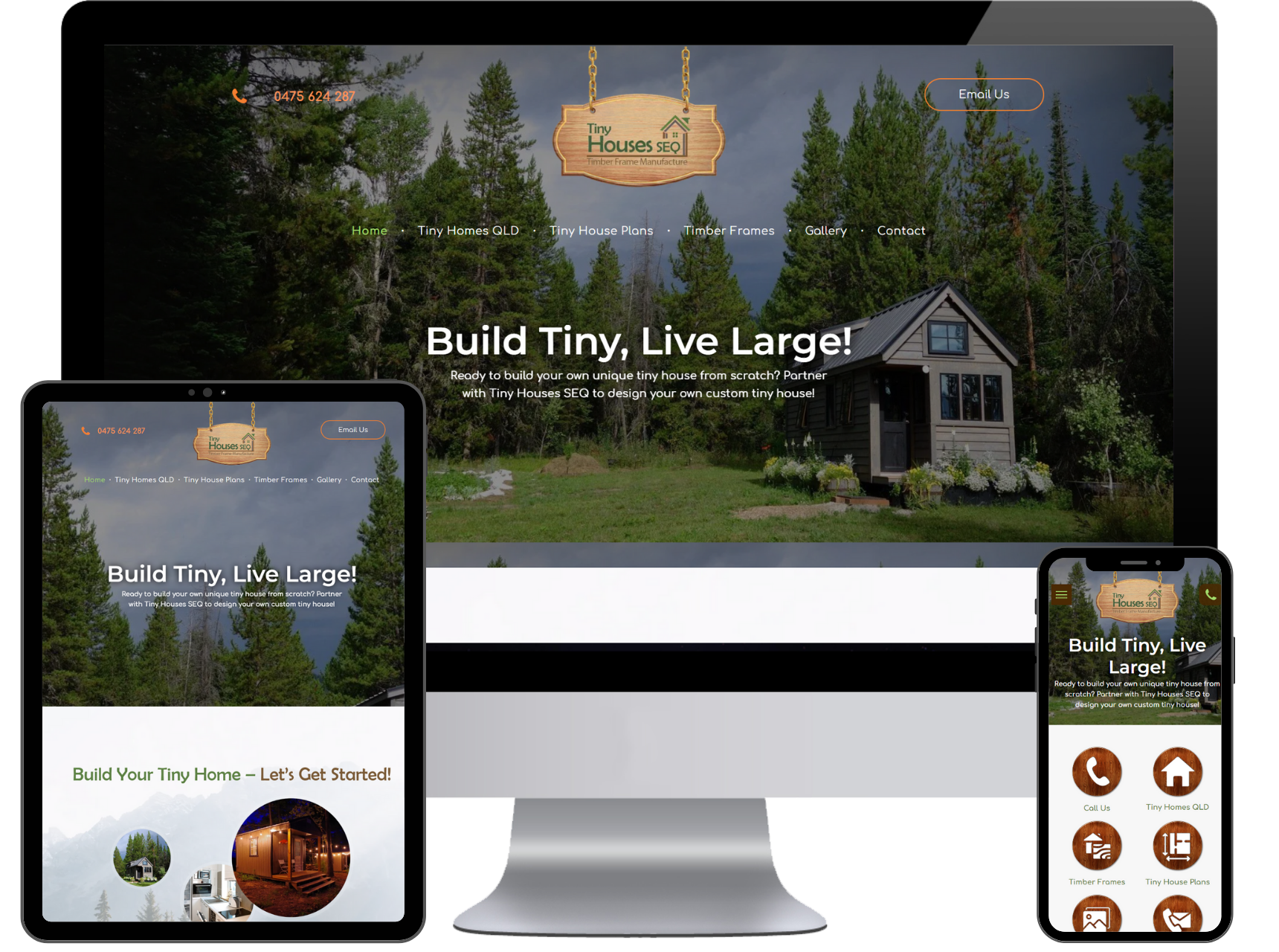 A computer , tablet , and phone displaying a tiny house website.