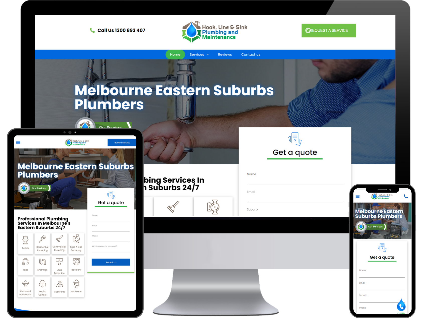 A computer , tablet , and phone displaying a website for melbourne eastern suburbs plumbers.