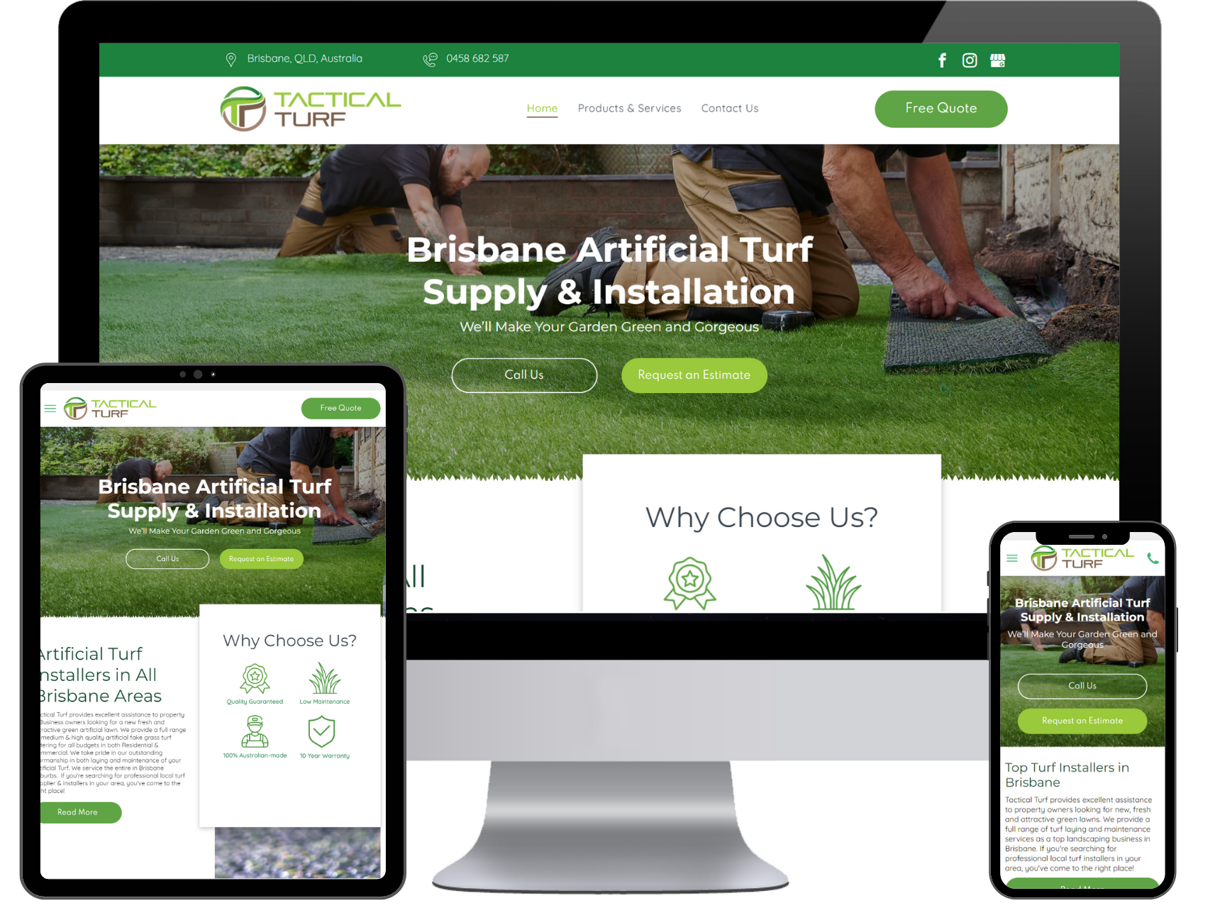 A computer , tablet , and phone displaying a website for brisbane artificial turf supply and installation.