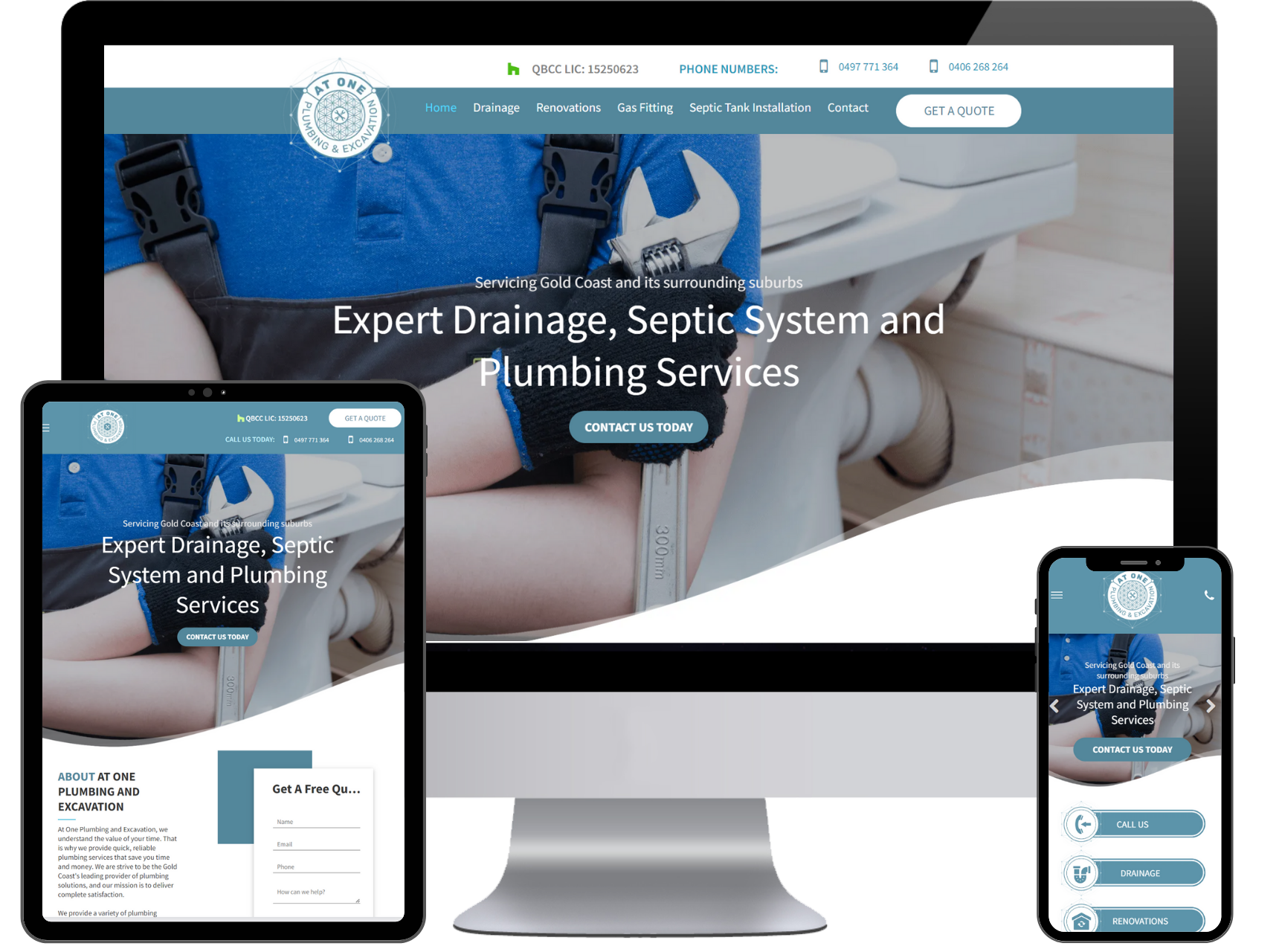 A computer , tablet , and cell phone displaying a website for expert drainage , septic system and plumbing services.