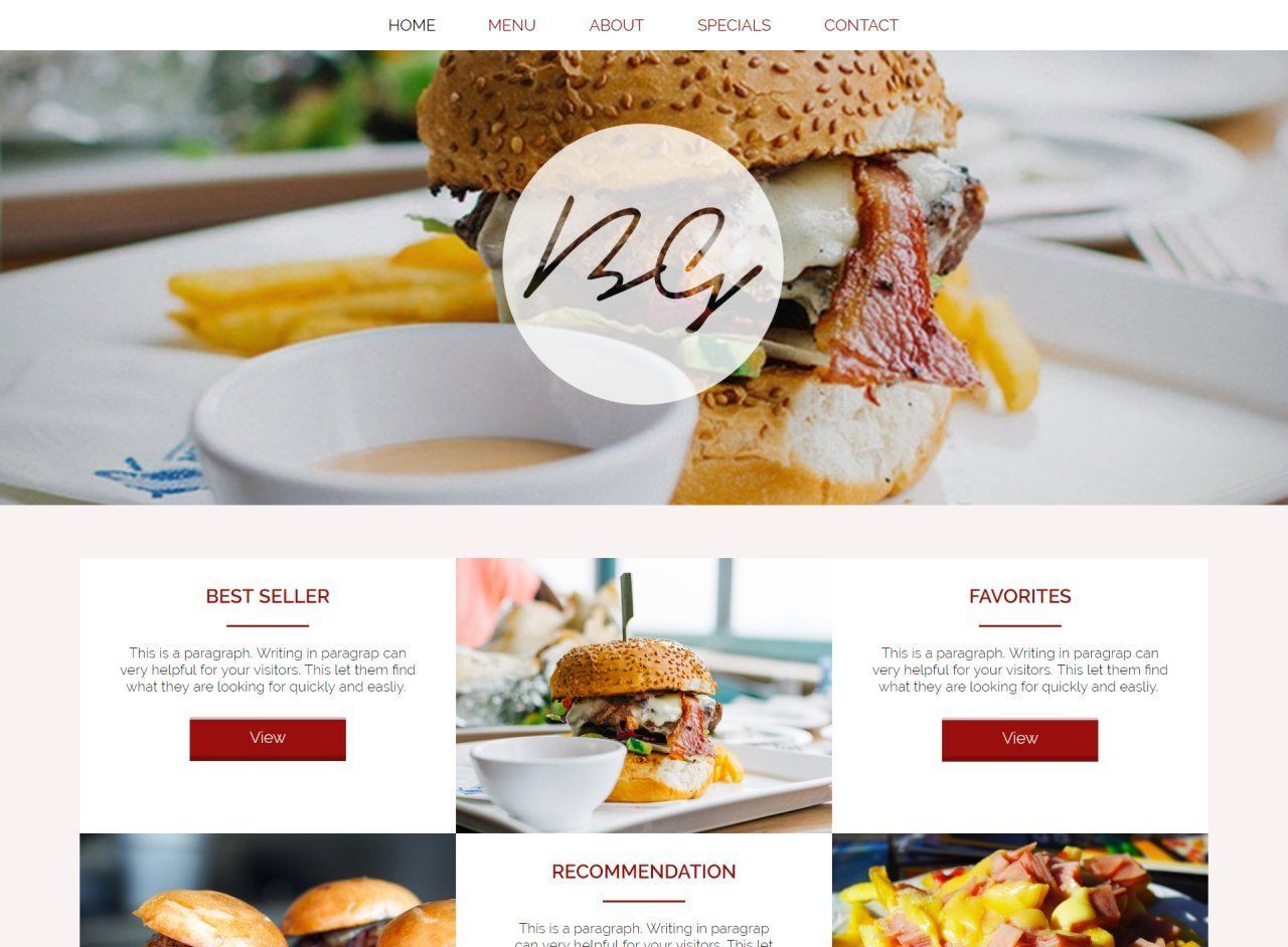 A website with a picture of a hamburger and french fries on it