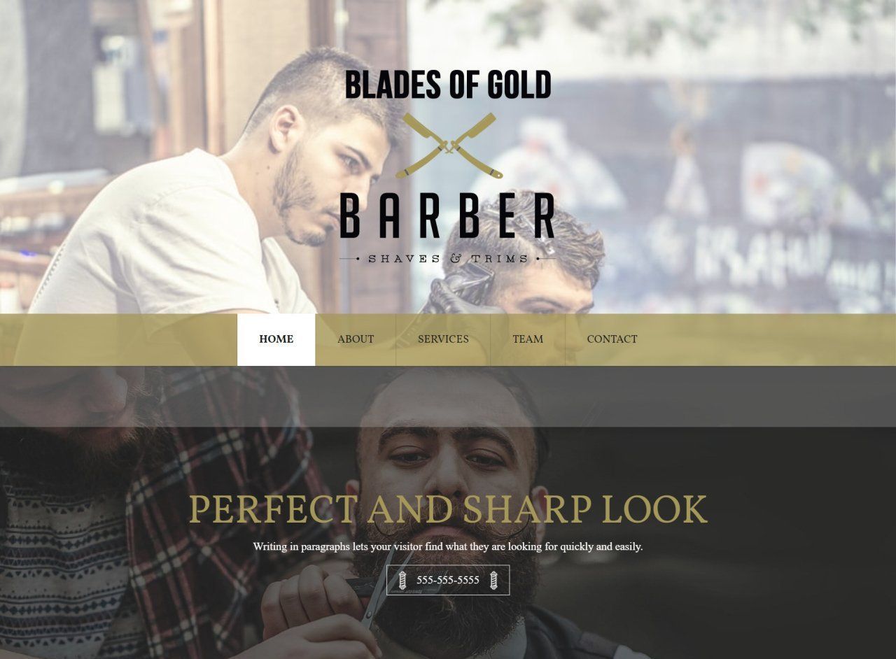 A website for blades of gold barber shows a man getting his hair cut