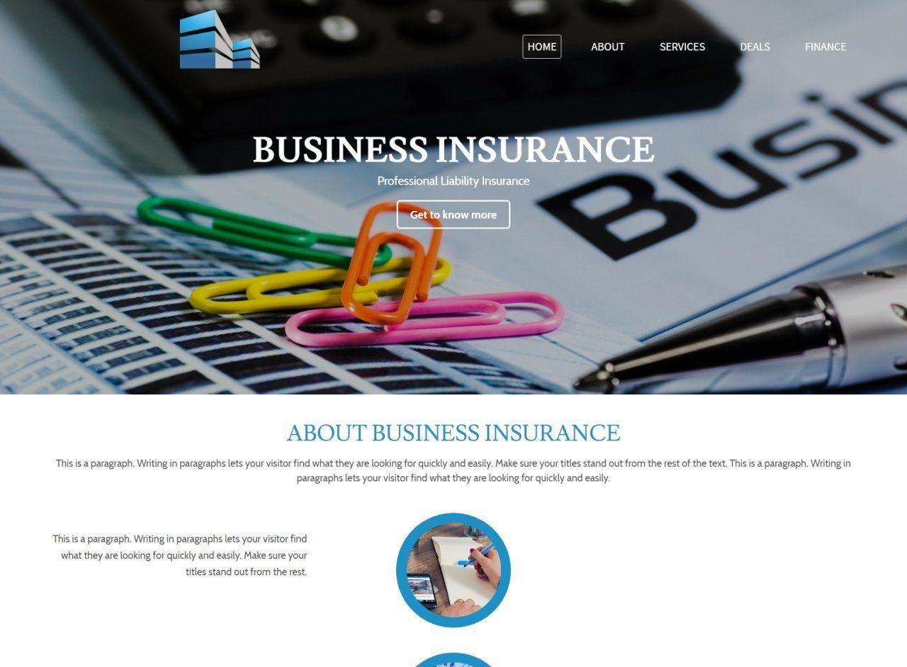 A website for business insurance shows a calculator , paper clips , and a pen.