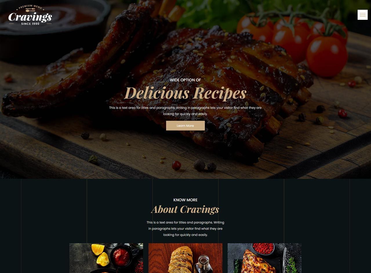 A website with a picture of ribs on a cutting board.