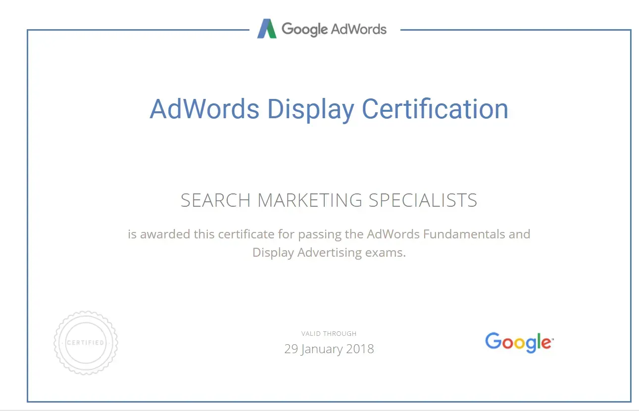 A google adwords display certification certificate is displayed on a white background.