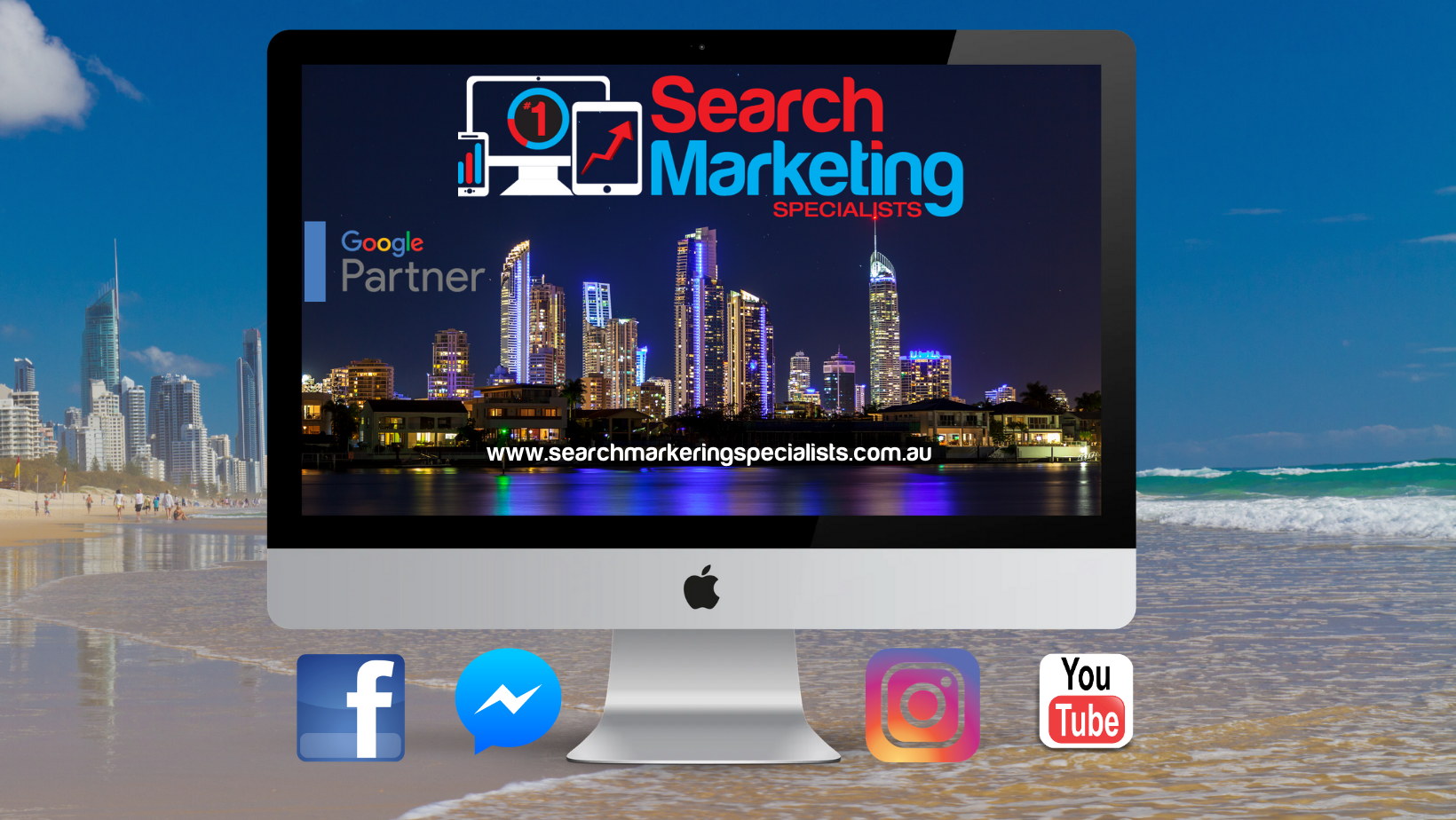 A computer screen displays the search marketing website