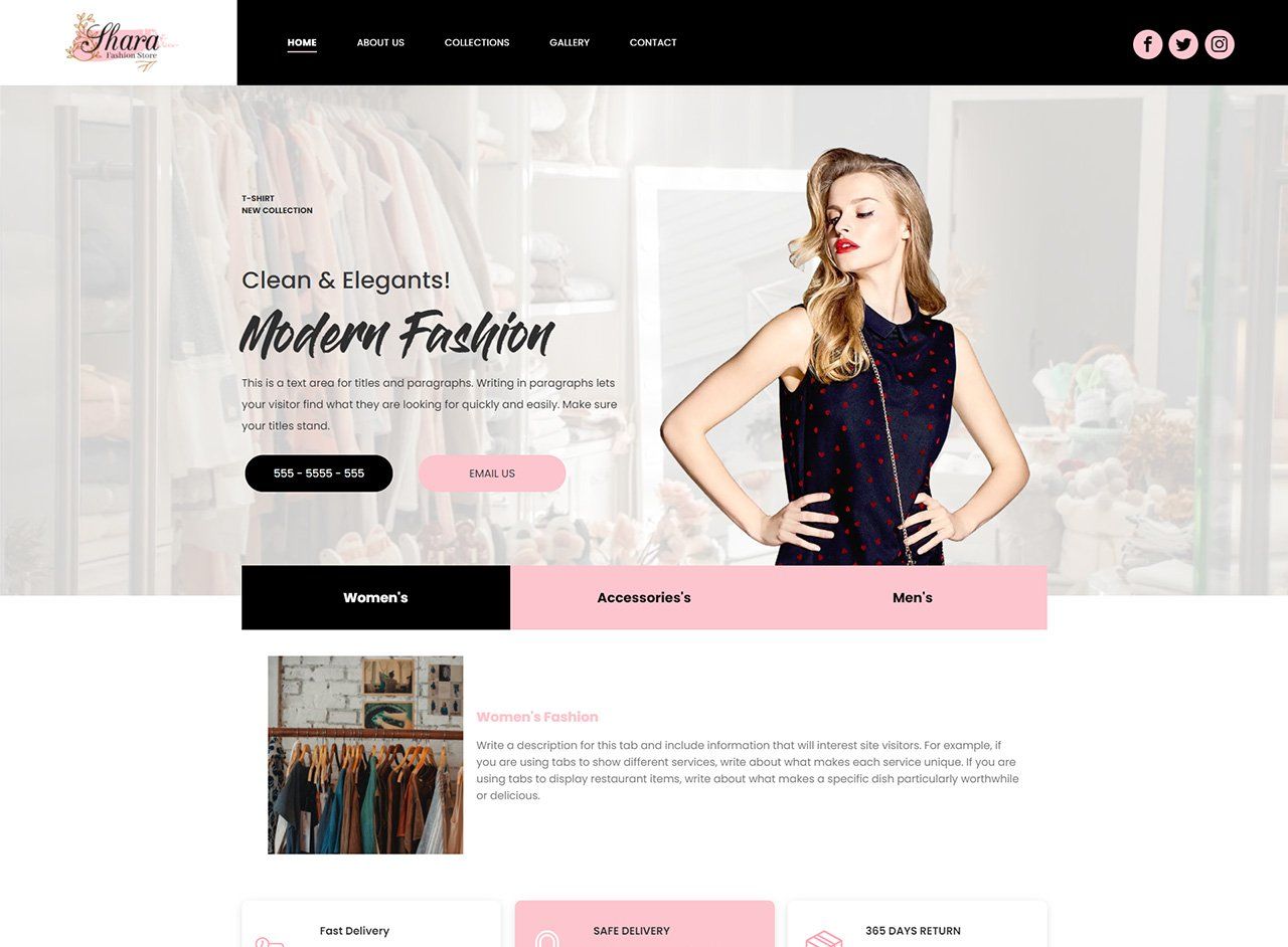 A woman in a black dress is on the homepage of a website.