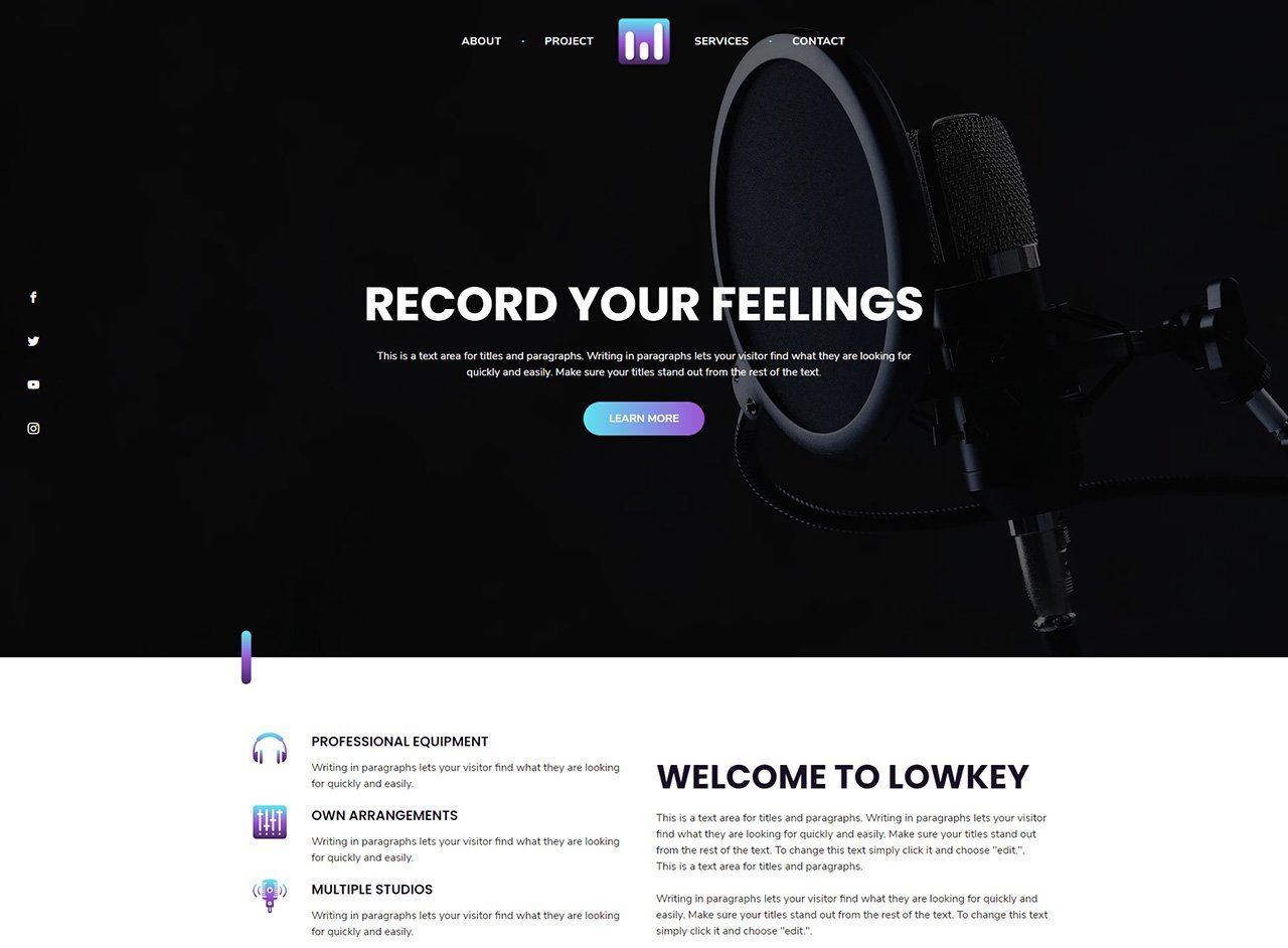 A landing page for a music website with a microphone and headphones on it.