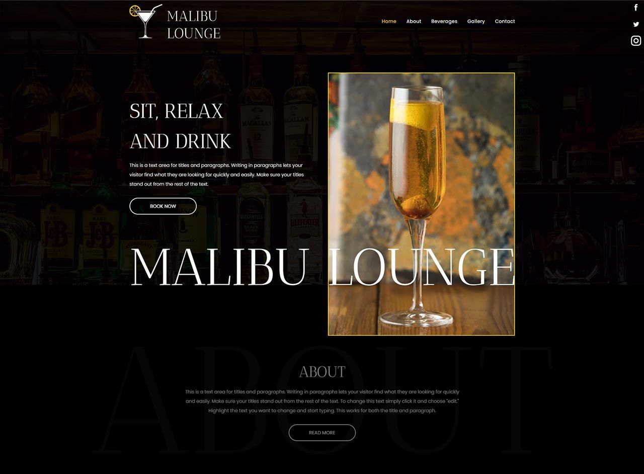 A website for malibu lounge shows a glass of wine on a table.