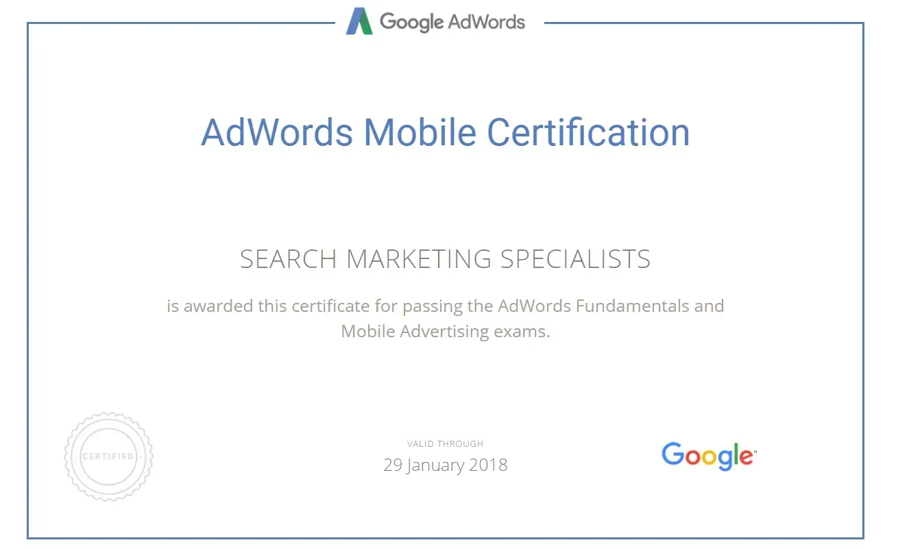 A google adwords mobile certification certificate for search marketing specialists.