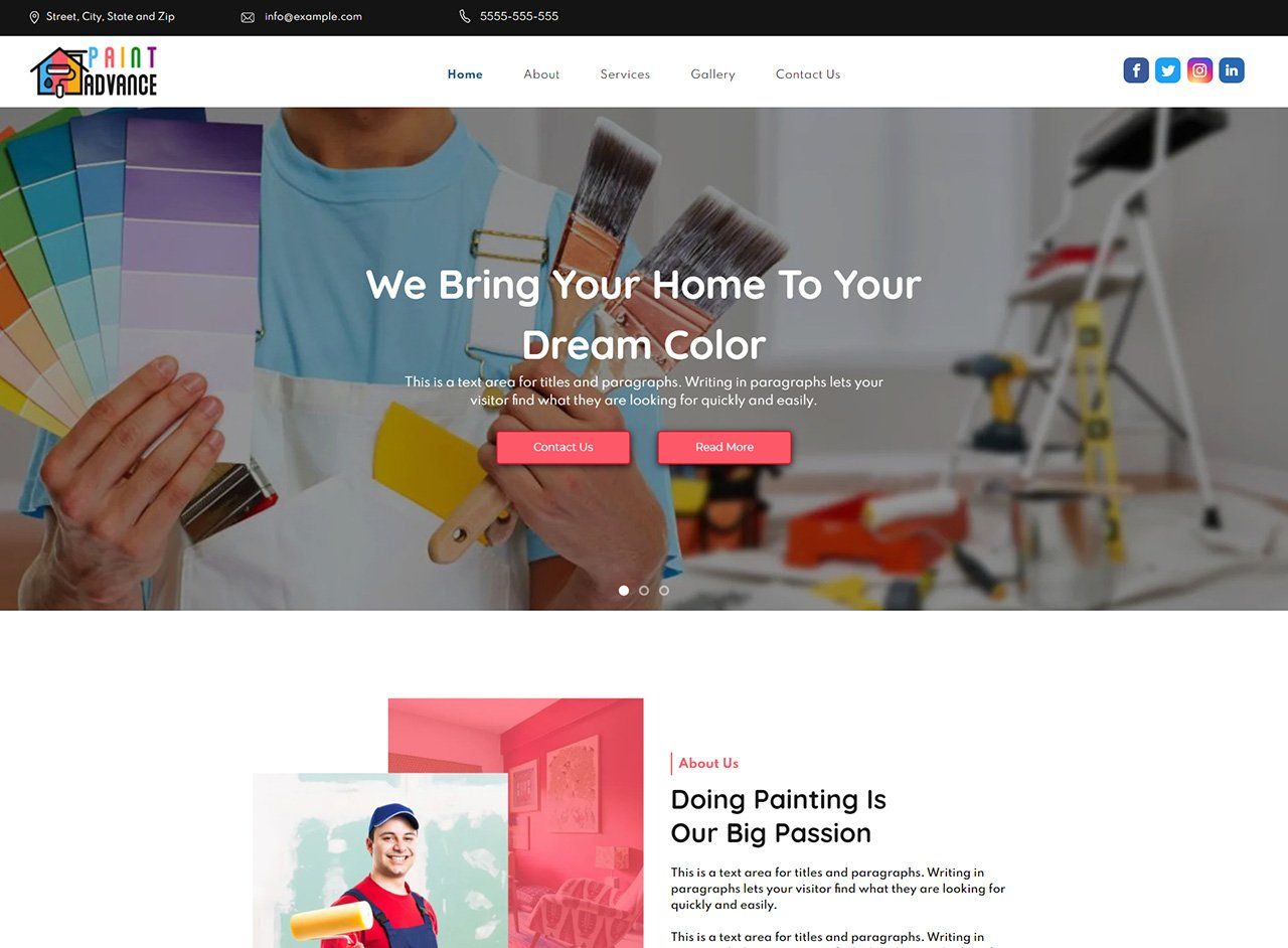 A painting company website shows a man holding a palette of paint.