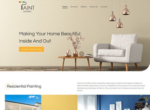 A website for paint experts shows a living room with a chair and a table.