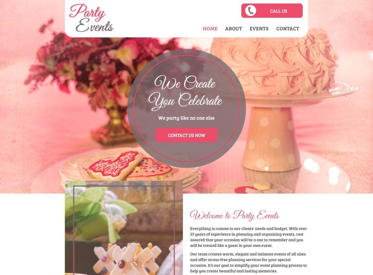 A website for party events shows a cake and cookies on a table.