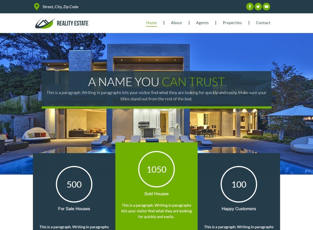 A website for a real estate company shows a large house with a pool.