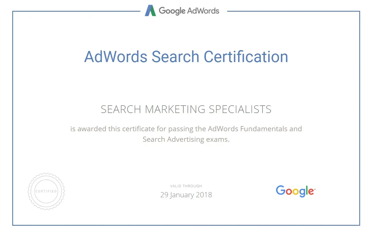 A google adwords search certification certificate is displayed on a white background.