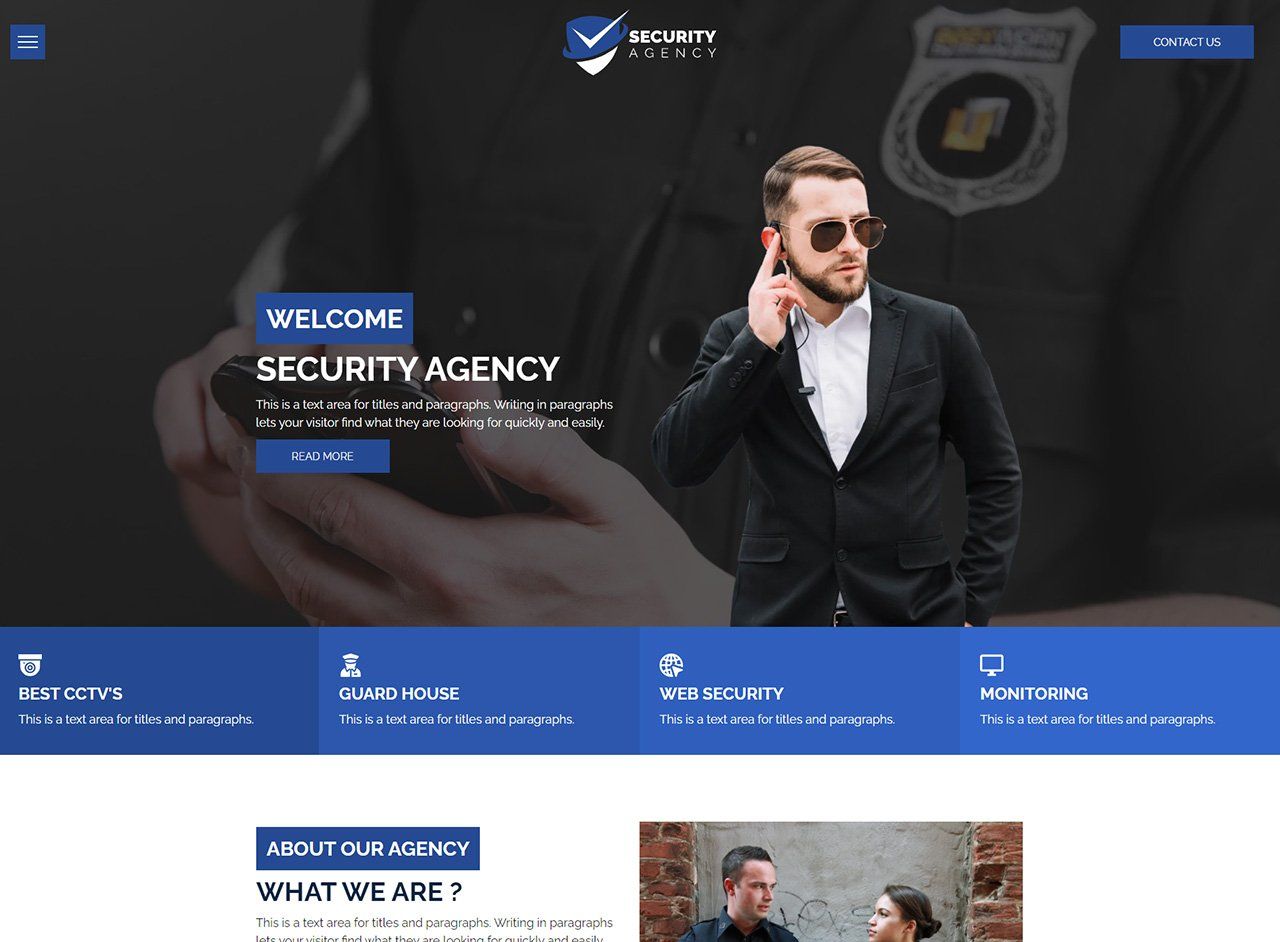 A security agency website with a man in a suit talking on a walkie talkie.