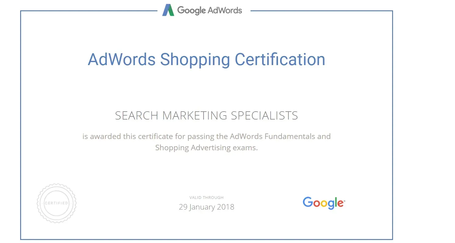 A google adwords shopping certification certificate is displayed on a white background.